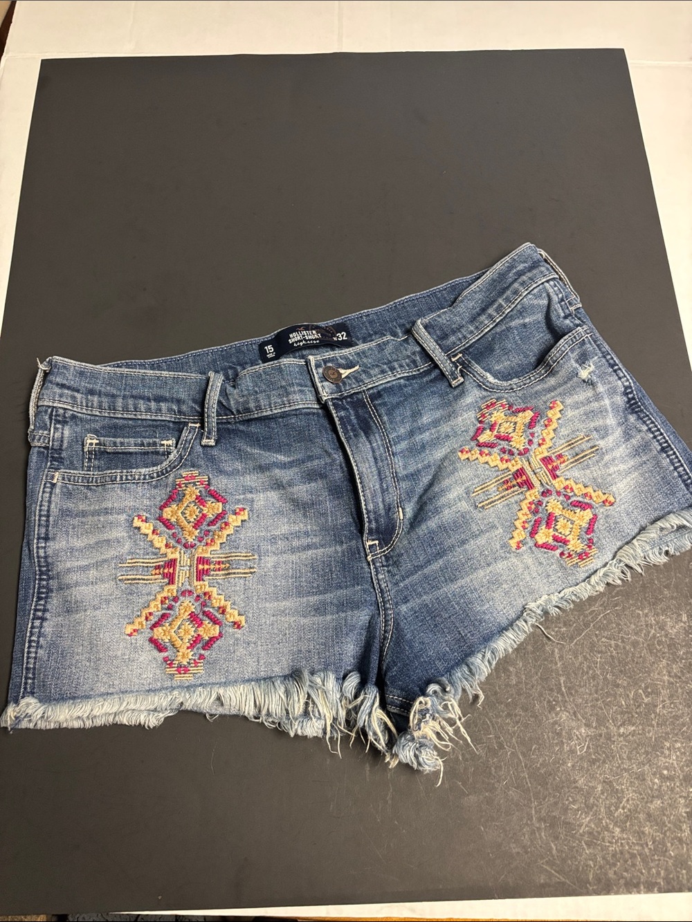 Hollister Embroidered Light Blue Denim Fray-Hem Shorts
